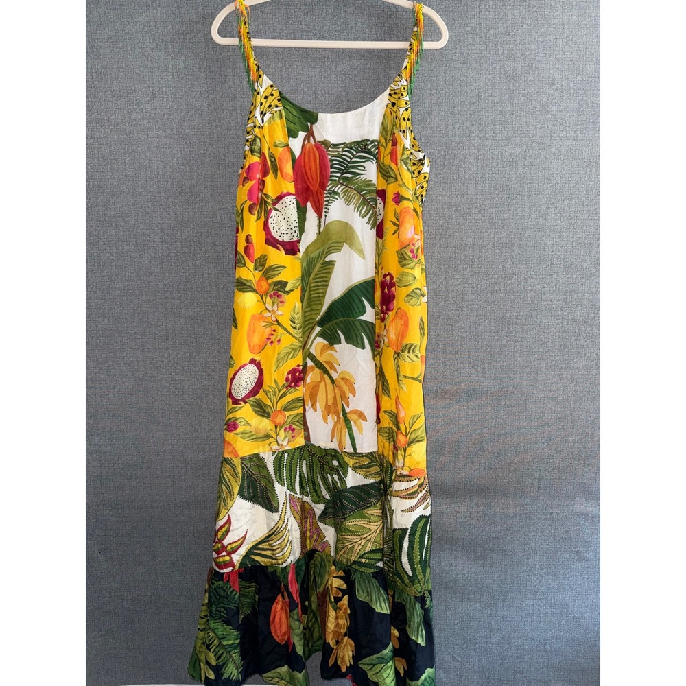 Farm Rio XL Maxi Mixed Prints Dress Yellow Tropical Fruit Beaded Fringe Straps - Picture 2 of 14